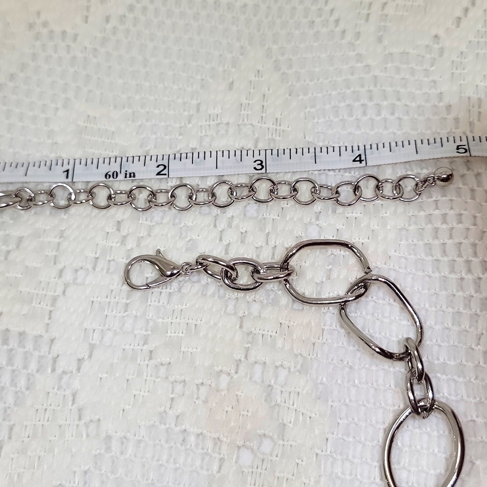 Silver Tone Textured Link Necklace Rhinestone Pavé Circle Statement Adjustable - Picture 5 of 10